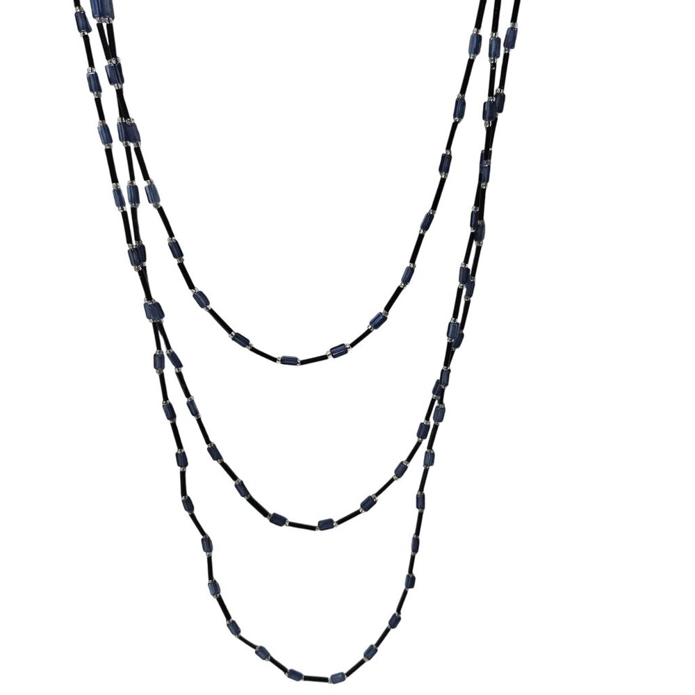 Vintage Elegant Three Strand Beaded Necklace Black Blue Fashion Jewelry Women